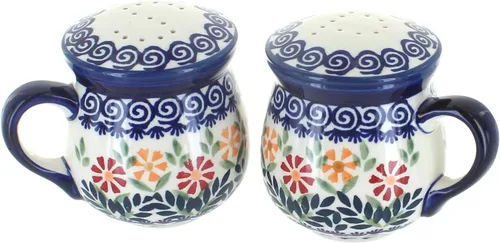 Miniatura 9 de Blue Rose Polish Pottery - Saleros y pimenteros de margaritas rojas con asas - 3.75 pulgadas de alto - Juego de condimentos de cerámica pintados a