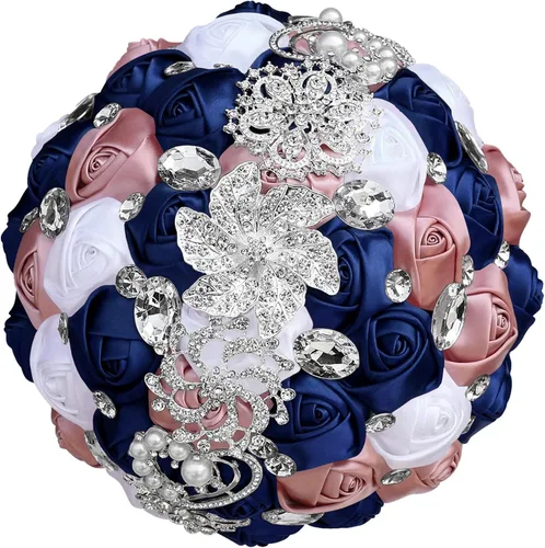 Miniatura 18 de XINNI Broche de oro de lujo de 8 pulgadas, ramo de boda nupcial para novia, dama de honor, ramo de rosas de satén con perlas, color negro y gris