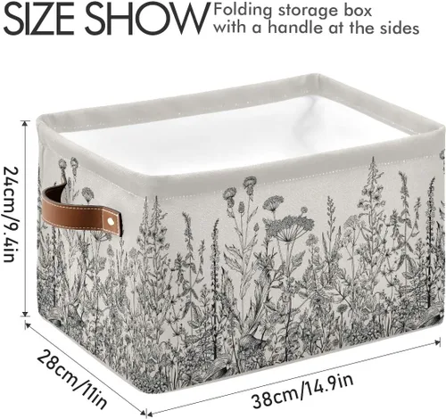 Miniatura 3 de Blueangle Cesta de almacenamiento rectangular de flores blancas y negras, 15 x 11 x 9.5 pulgadas, cesta organizadora plegable para decoración