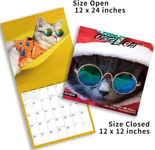 Miniatura 4 de Calendario de pared 2026, calendario 2025-2026, calendario mensual de pared Cool Cat, 12 x 24 pulgadas abierto, calendario planificador familiar