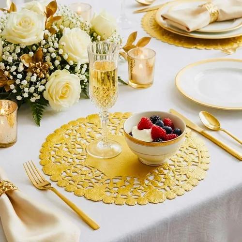Miniatura 3 de Hojas decorativas de encaje de papel metálico de 8 pulgadas, elegantes, resistentes y desechables, ideales para presentación de alimentos y uso
