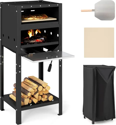Happygrill Horno de Pizza de 12" para Exteriores, Estufa de Pizza de Leña con Bandeja de Cenizas y Almacenamiento de Madera, Piedra para Pizza, Pala