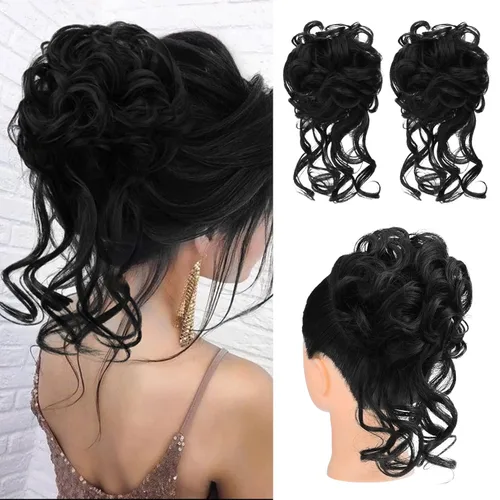 Miniatura 29 de HOOJIH 2 piezas de moño despeinado, recogido despeinado con mechones, extensiones de moño de cabello ondulado rizado, envoltorio de cabello, cola