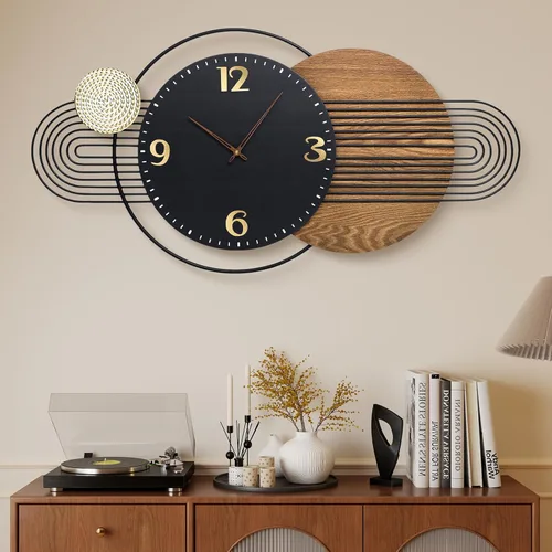 Miniatura 3 de Reloj de pared Anmotpe moderno, operado con batería, grandes relojes negros de metal y madera, estilo retro, reloj de pared grande de metal