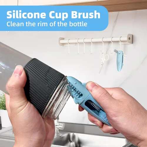 Miniatura 3 de TQRR SharkBrush - Juego de cepillos de limpieza 3 en 1 para tapa de taza, 3 piezas, cepillo limpiador de huecos de botella, cepillo de silicona