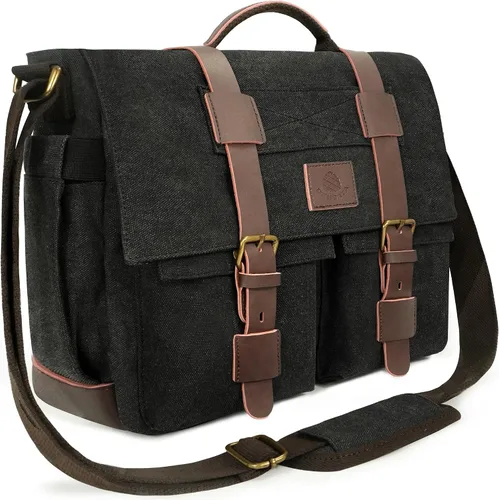 Miniatura 9 de Bolsa tipo mensajero para hombre, bolsa para laptop de 15.6 pulgadas, bolsa vintage de lona encerada, resistente al agua, maletín de cuero
