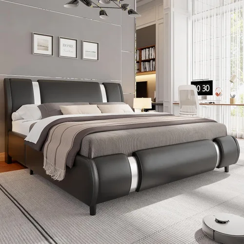 Miniatura 5 de Keyluv Base de cama moderna tapizada de piel sintética con cabecera decorativa de metal, soporte de listones de madera, no necesita somier
