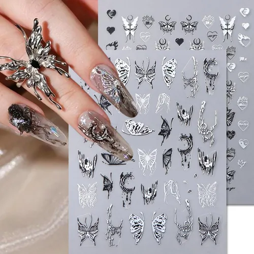 Miniatura 6 de Calcomanías líquidas para arte de uñas, diseño de mariposa, negro, plateado, mariposa, luna, 3D, autoadhesivas, suministros de arte de uñas
