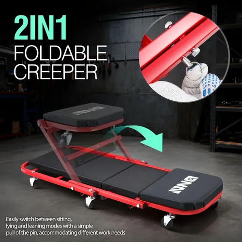 Miniatura 2 de DNA MOTORING Carro plegable 2 en 1 de 36 pulgadas en forma de Z, silla ajustable para garaje puedes acostarte o sentarte, 6 ruedas, capacidad de 330