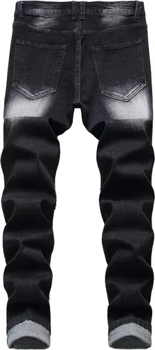Miniatura 2 de QIMYUM Jeans ajustados para hombre, jeans ajustados rasgados para hombre, jeans de motociclista, elásticos, pantalones de mezclilla de Moto Cargo