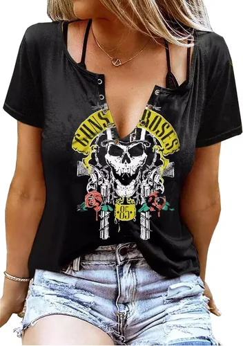 Camiseta de manga corta con estampado gráfico de Guns N' Roses para mujer, camiseta de música rock vintage con estampado de letras divertidas