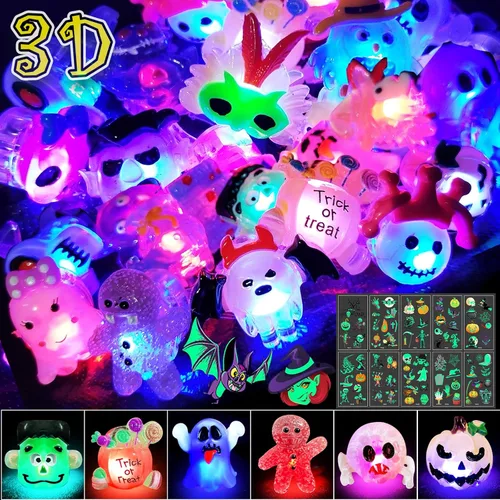 38 piezas de artículos de fiesta de Halloween para niños, anillos con luz 3D juguetes en cantidad golosinas de Halloween sin dulces, 28 anillos