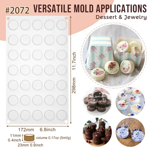 Miniatura 4 de Molde de silicona de disco redondo plano para hornear, 2 tamaños para mini tarta galletas, postre, chocolate, caramelo, caramelo, resina epoxi