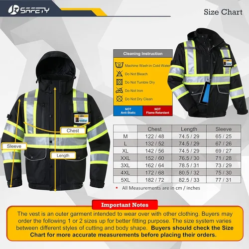 Miniatura 6 de JKSafety Chaqueta bomber de invierno reflectante 3M impermeable de alta visibilidad con 10 bolsillos, color negro, bolsillo seguro para tableta