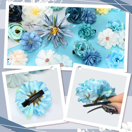 Miniatura 5 de BBTO 21 piezas pinzas para el pelo con diseño de flores, pasadores para el cabello con rosas, diademas para mujer, accesorios de flores, estilo Azul