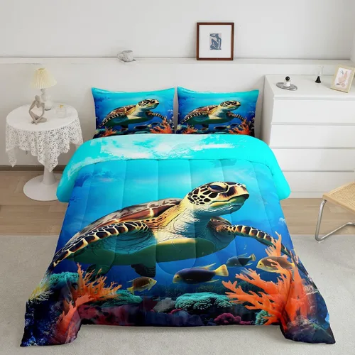 Miniatura 44 de Erosebridal Blue Ocean - Juego de edredón tamaño individual Juego de ropa de cama de ballena delfín y tortuga marina para niños y niñas, juego