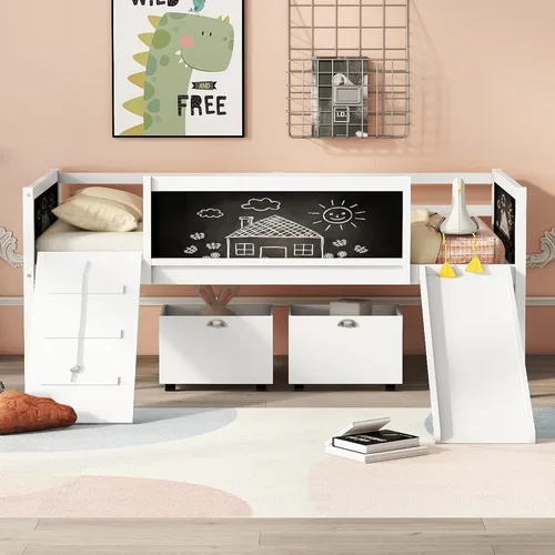 Miniatura 11 de CITYLIGHT Cama loft de madera para niños con tobogán, pizarra, tira de luz y techo, marco de cama de tamaño individual con barandillas de seguridad