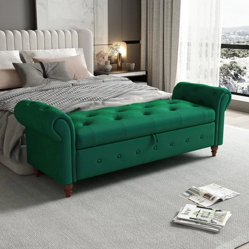 Miniatura 10 de NIOIIKIT Banco Otomano de Almacenamiento de 160 cm, Banco de Extremo de Cama con Botones, Sofá Otomano de Brazos Enrollados, Banco Largo para Azul