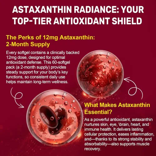 Miniatura 5 de BEWORD Astaxantina 12 mg con aceite MCT, 60/120 cápsulas blandas, suministro para 2 meses Suplementos antioxidantes premium Microalgas