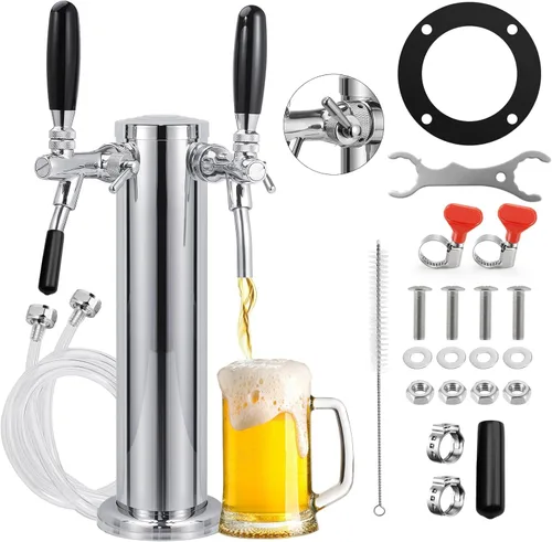 Torre Kegerator de doble grifo ajustable Torre de cerveza de barril de cerveza premontada Torre de grifo de barril de cerveza de acero inoxidable