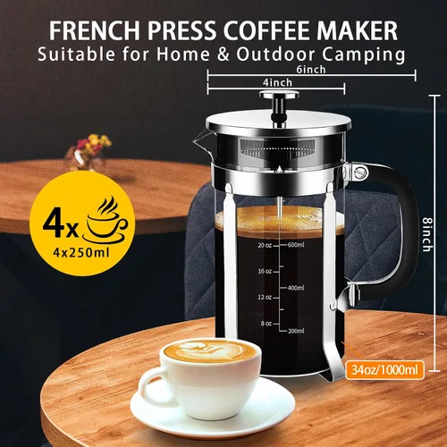 Miniatura 5 de YMMIND Cafetera de Prensa Francesa de Acero Inoxidable 304, Prensa de Café con Sistema de 4 Filtros, Vidrio de Borosilicato Resistente al Calor