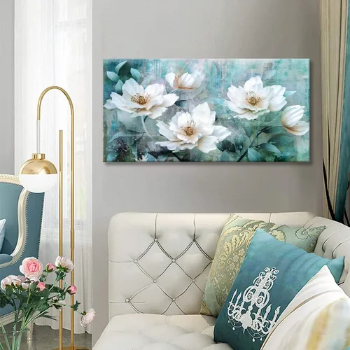 Miniatura 9 de Arte de pared de rosas abstractas para sala de estar, pintura verde gris de 30 x 60 pulgadas, pinturas de acuarela flores floribunda enmarcadas