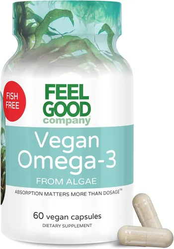 Feelgood Company Suplemento vegano de omega-3, a base de algas, sin pescado, 60 cápsulas, sin gluten, sin soja, fácil de digerir