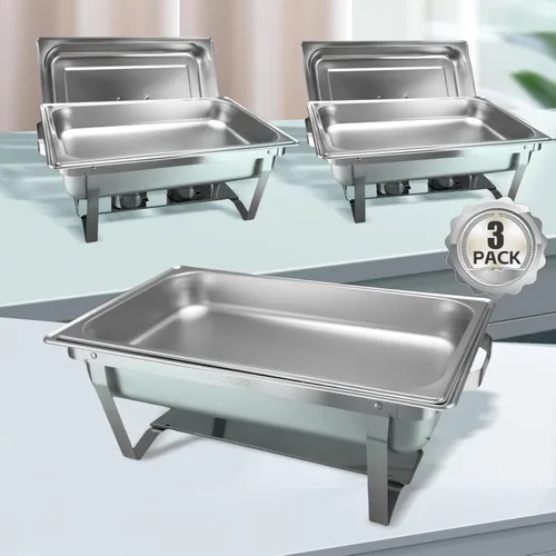Juego de 3 platos para bufé, calentador de alimentos de acero inoxidable con sartenes de tamaño completo de 8 cuartos de galón, portátil, para