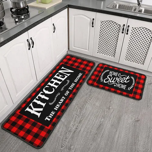 Framhouse - Juego de 2 alfombras y tapetes de cocina, a cuadros negros y rojos, antideslizantes, para decoración del hogar, cocina, Navidad, 17 x 29
