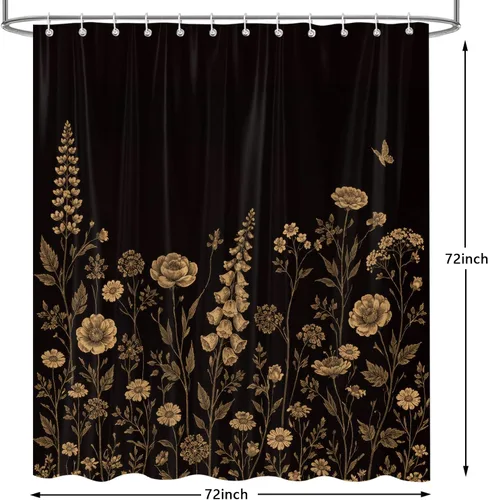 Miniatura 5 de Cortina de ducha bohemia con estampado floral negro y dorado, juego de cortinas de baño de tela impermeable con ganchos, 72 x 72 pulgadas