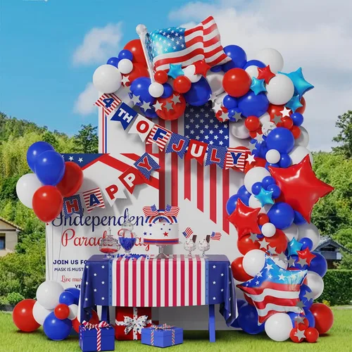 Miniatura 2 de Kit de arco de guirnalda de globos del 4 de julio, 100 globos azul marino, rojo y blanco con pancarta de papel para suministros de fiesta patriótica