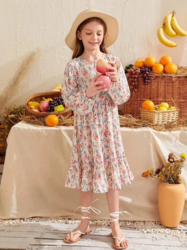 Miniatura 4 de WDIRARA Vestido midi de manga larga con estampado floral para niña, cuello redondo, dobladillo con volantes