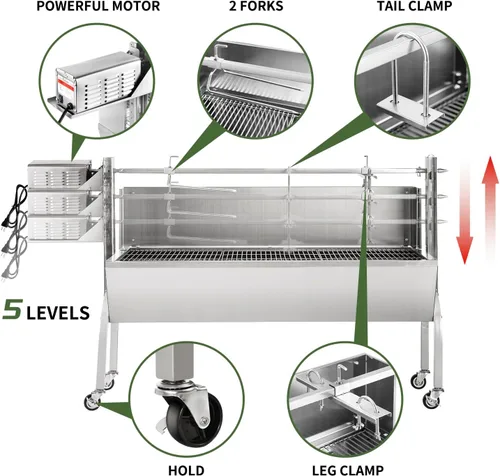 Miniatura 2 de Kendane Parrilla con Asador Giratorio a Carbón, Parrillón de Acero Inoxidable de 46 Pulgadas con Cubierta para Cerdo y Cordero, Asador a Carbón