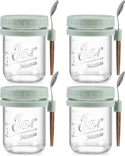 Miniatura 11 de LANDNEOO Paquete de 4 Recipientes para Avena Nocturna con Tapas y Cucharas, Frascos de Vidrio Mason de 16 oz con Tapas Herméticas, Frascos para Beige