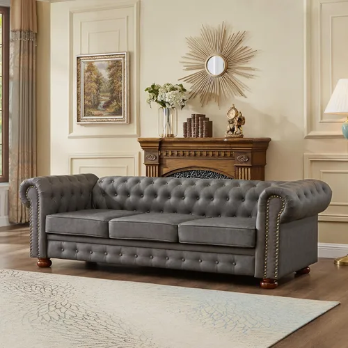 Chesterfield - Sofá de cuero, sofá moderno de mediados de siglo de 89 pulgadas con respaldo bajo, brazo enrollable, ribete de cabeza de clavo, sofá