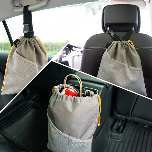 Miniatura 7 de GNEGNI 2 botes de basura para automóvil, bolsa de basura colgante para automóvil con forro impermeable a prueba de fugas Gris