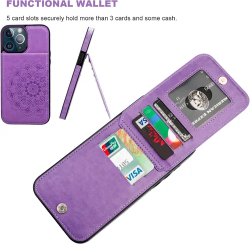 Miniatura 3 de Vaburs Funda tipo cartera para iPhone 13 Pro Max, funda con función atril y soporte para tarjeta de crédito, diseño floral de mandala en relieve