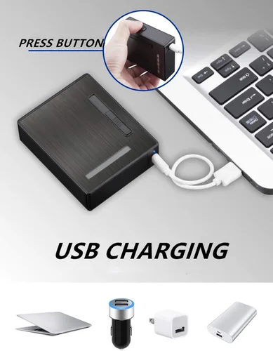 Miniatura 5 de Estuche de cigarrillos de expulsión automática de 20 piezas con encendedor de arco eléctrico recargable, resistente al viento, sin llama, soporte