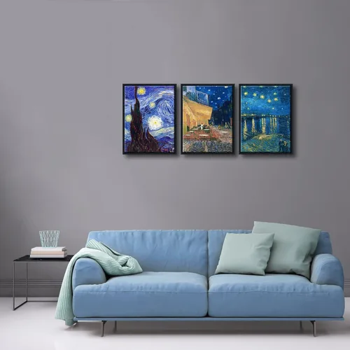 Miniatura 4 de Wieco Art Cuadros enmarcados de 3 paneles de lienzo de Vincent Van Gogh Pinturas reproducción Noche estrellada sobre el Ródano Terraza de café por