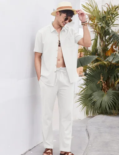 Miniatura 3 de COOFANDY Conjunto de 2 piezas de lino para hombre, conjunto de camisa y pantalón con botones para la playa