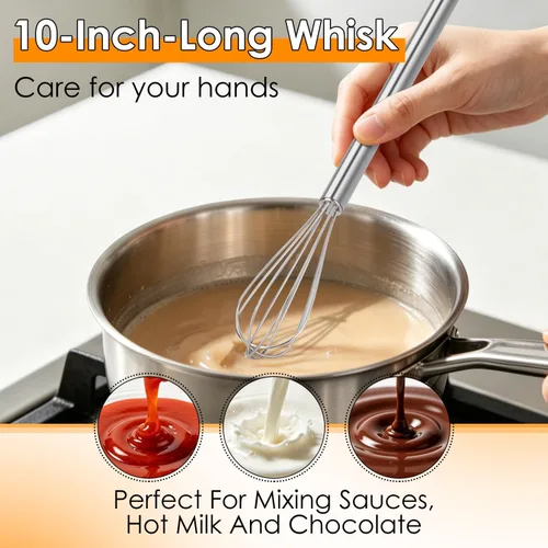 Miniatura 4 de HOTEC Mini batidor de acero inoxidable 304 antioxidante de 10 pulgadas para cocinar, hornear, mezclar ingredientes y recipientes profundos