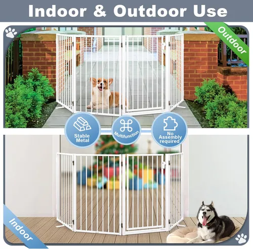 Miniatura 4 de Puertas de metal independientes para perros con puerta para interiores y exteriores, 80 pulgadas, extra ancho, 32 pulgadas de alto, puerta Blanco
