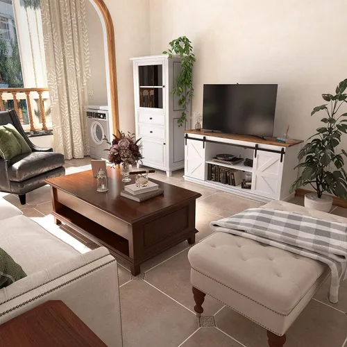 Miniatura 6 de JUMMICO Soporte de TV para TV de 65 pulgadas, centro de entretenimiento con armarios de almacenamiento y puertas corredizas de granero, consola