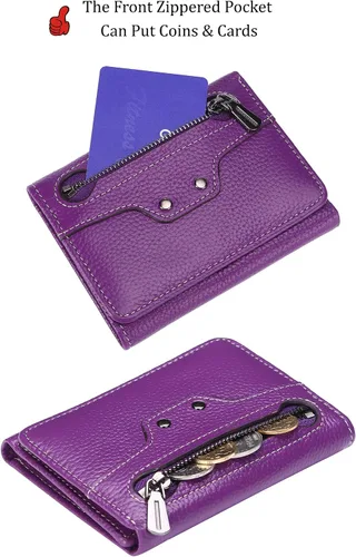 Miniatura 3 de AINIMOER Cartera pequeña de piel para mujer, delgada, compacta, con bloqueo RFID, con bolsillo para monedas, Lichee - Bloqueo Rfid morado.
