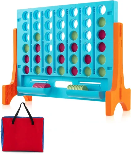 Miniatura 12 de COSTWAY - Juego gigante de 4 en línea con bolsa de transporte de almacenamiento, juego Jumbo de 4 en fila con ajedrez, deslizador de liberación