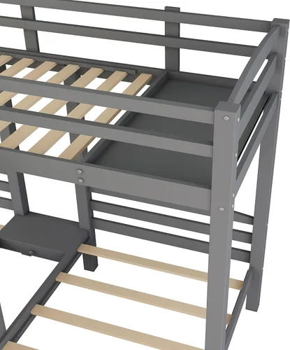 Miniatura 5 de DEINPPA Litera individual sobre individual e individual con escalera, litera triple de madera con escalera y espacio de almacenamiento integrado