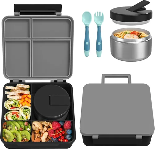 Miniatura 7 de Pawtong Lonchera Bento con termo de sopa de 8 onzas, recipientes de comida a prueba de fugas para niños con 4 compartimentos, recipiente de comida