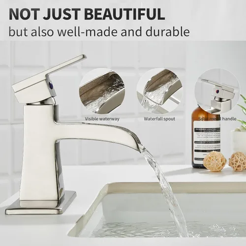 Miniatura 2 de Grifo de baño de cascada de níquel cepillado, grifo de lavabo de baño de una sola manija con desagüe pop-up y placa de cubierta para 1 o 3 orificios
