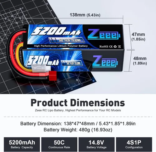Miniatura 2 de Zeee 4S Lipo Battery 5200mAh 14.8V 50C Hard Case RC Battery T Plug Compatible con RC Car RC Buggy Truggy Crawler Monster Boat Truck Modelo RC