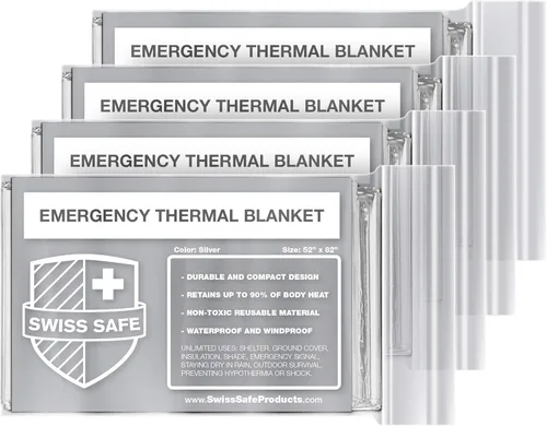 Miniatura 11 de Swiss Safe Mantas térmicas de Mylar de emergencia XL + manta espacial adicional, compacta y aislada para clima frío, diseñada para la NASA, Plata XL